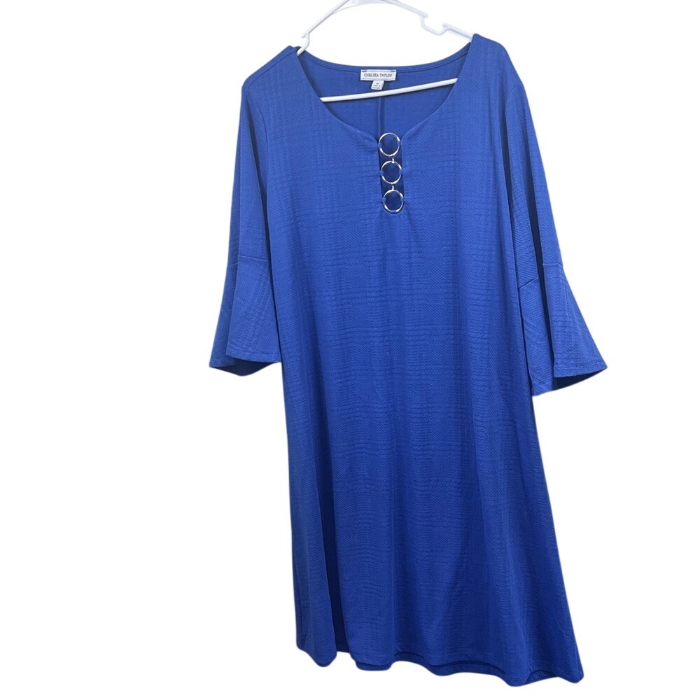 Chelsea Taylor Women's Plus Size 2X Blue Dress‎ 3/4 Sleeve Bell Sleeve